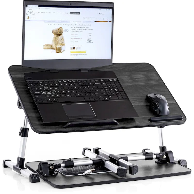 Oreiller de mari - Plateau de lit en bois petit - Convient aux ordinateurs portables jusqu'à 17 pouces - avec double coussin, fente multifonctionnelle pour tablette
