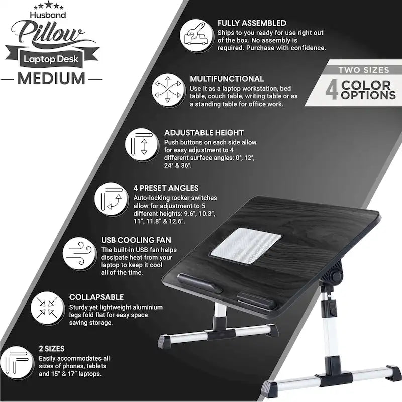 Oreiller de mari - Plateau de lit en bois petit - Convient aux ordinateurs portables jusqu'à 17 pouces - avec double coussin, fente multifonctionnelle pour tablette
