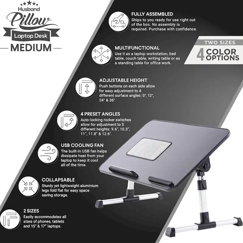 Oreiller de mari - Plateau de lit en bois petit - Convient aux ordinateurs portables jusqu'à 17 pouces - avec double coussin, fente multifonctionnelle pour tablette