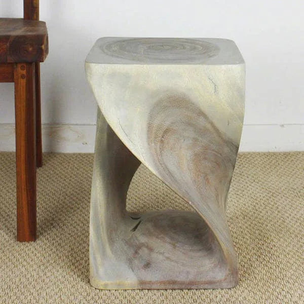 Tabouret torsadé en bois sculpté à la main 12x12x18" Finition huilée grise
