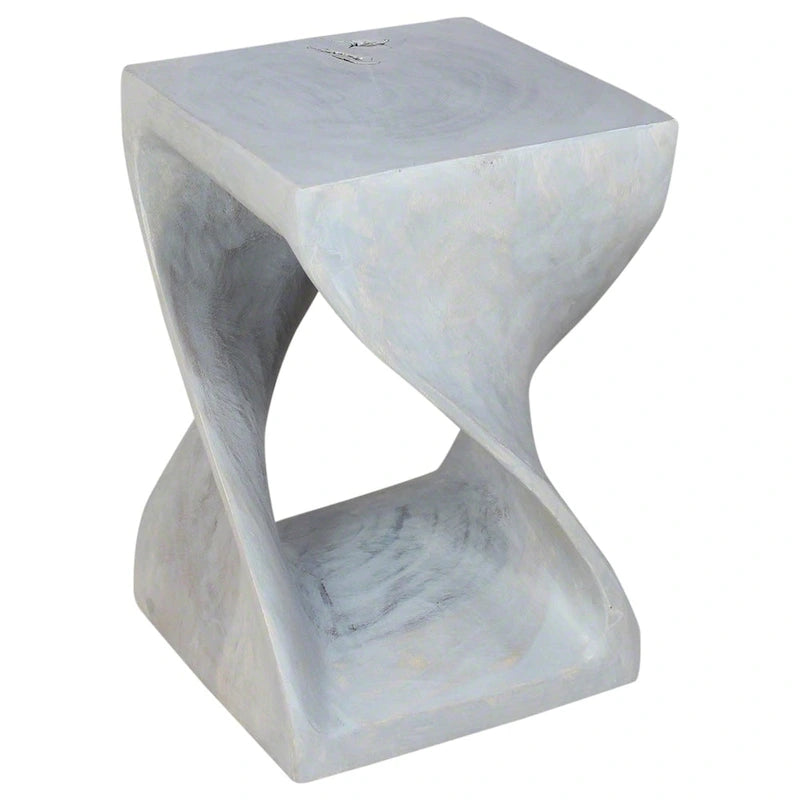 Tabouret torsadé en bois sculpté à la main 12x12x18" Finition huilée grise