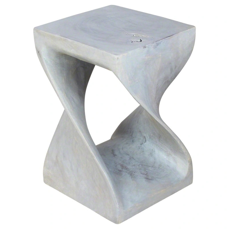 Tabouret torsadé en bois sculpté à la main 12x12x18" Finition huilée grise