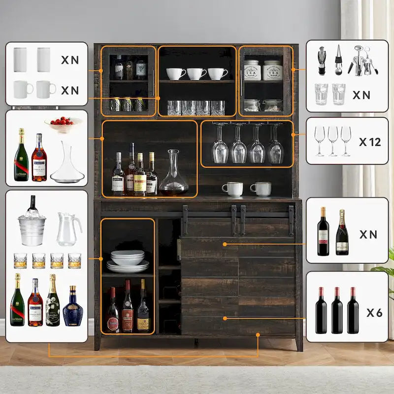 Vaisselier de cuisine rustique avec casier à vin - 15,7P x 47,2L x 69,6H