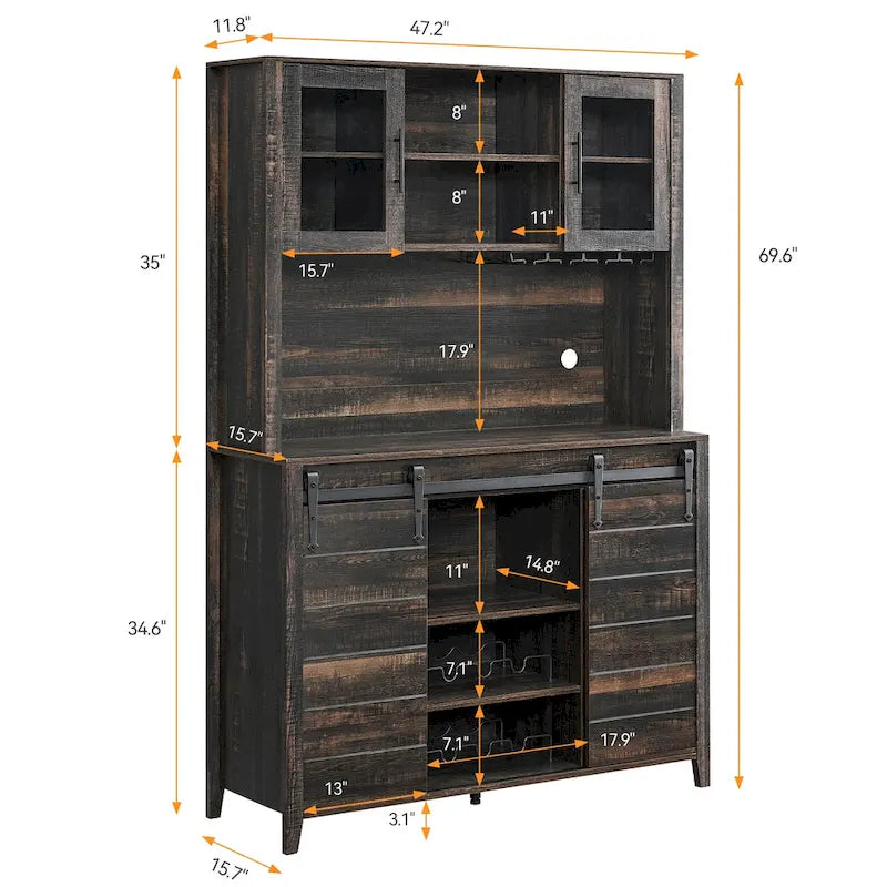 Vaisselier de cuisine rustique avec casier à vin - 15,7P x 47,2L x 69,6H