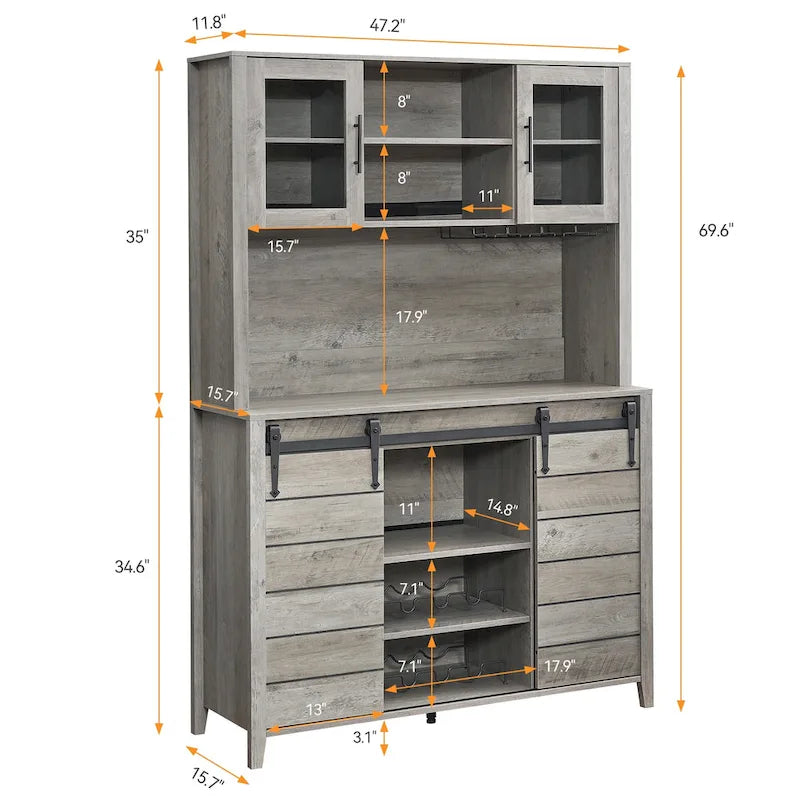 Vaisselier de cuisine rustique avec casier à vin - 15,7P x 47,2L x 69,6H