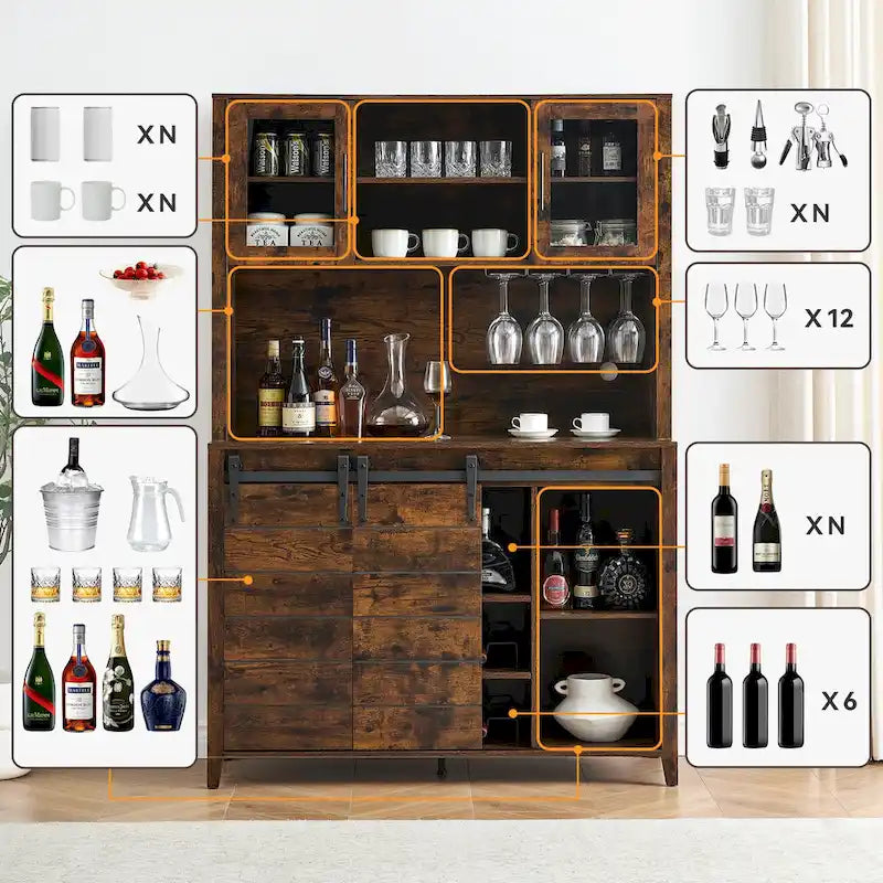 Vaisselier de cuisine rustique avec casier à vin - 15,7P x 47,2L x 69,6H