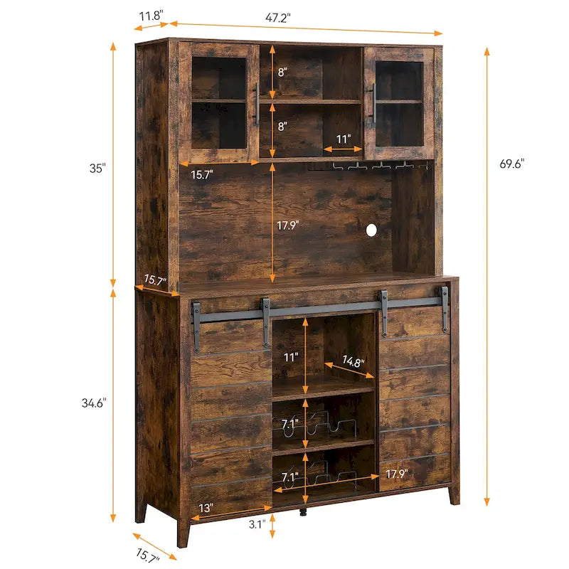 Vaisselier de cuisine rustique avec casier à vin - 15,7P x 47,2L x 69,6H