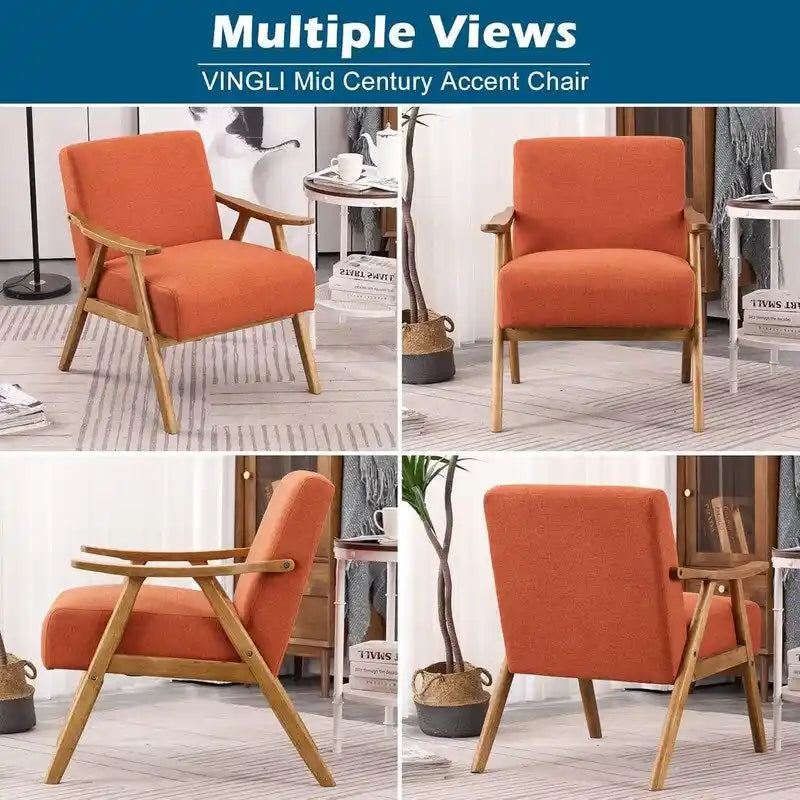 VINGLI Fauteuil de salon rembourré, style moderne rétro du milieu du siècle, fauteuil d'appoint en tissu avec structure en bois robuste