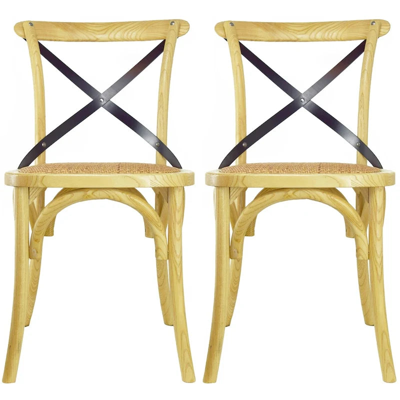 Lot de 2 chaises de salle à manger en bois de style fermier ancien avec dossier croisé en rotin et dossier en X, pour chambre sombre, restaurants, hôtel
