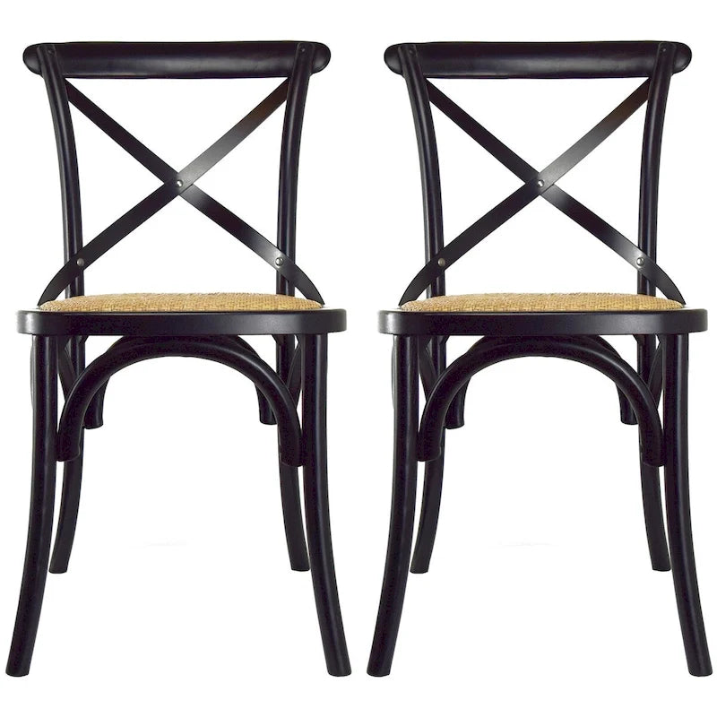 Lot de 2 chaises de salle à manger en bois de style fermier ancien avec dossier croisé en rotin et dossier en X, pour chambre sombre, restaurants, hôtel