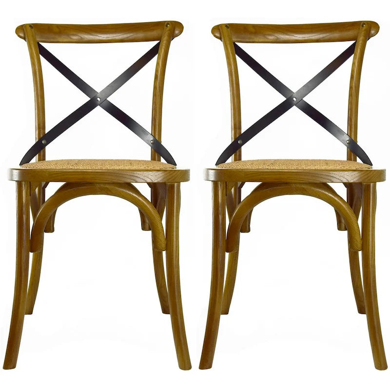 Lot de 2 chaises de salle à manger en bois de style fermier ancien avec dossier croisé en rotin et dossier en X, pour chambre sombre, restaurants, hôtel