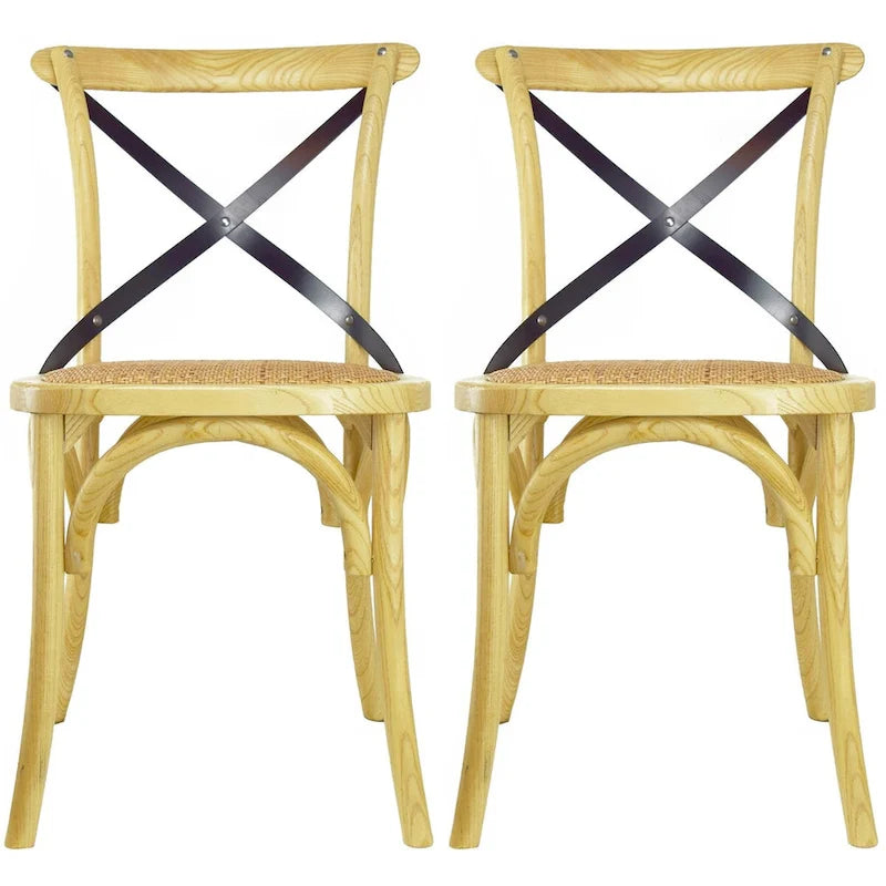Lot de 2 chaises de salle à manger en bois de style fermier ancien avec dossier croisé en rotin et dossier en X, pour chambre sombre, restaurants, hôtel