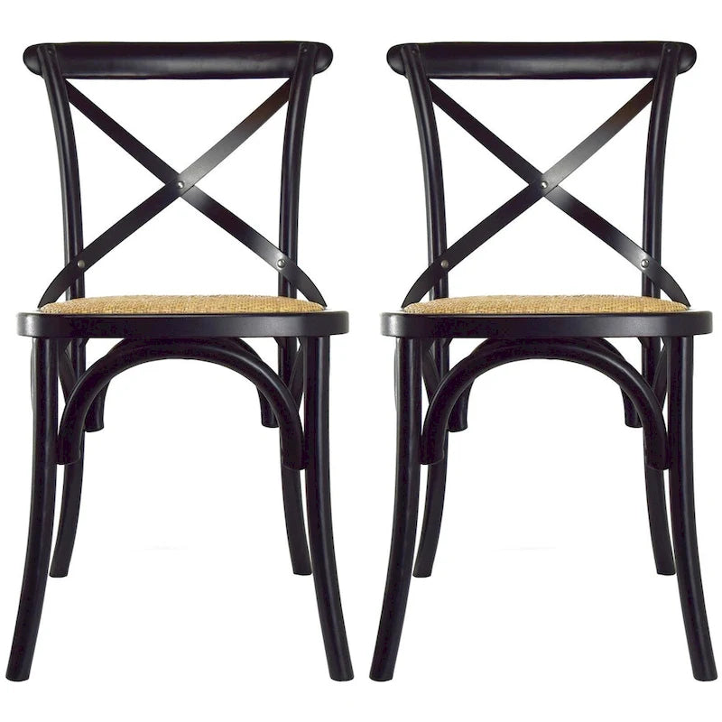 Lot de 2 chaises de salle à manger en bois de style fermier ancien avec dossier croisé en rotin et dossier en X, pour chambre sombre, restaurants, hôtel