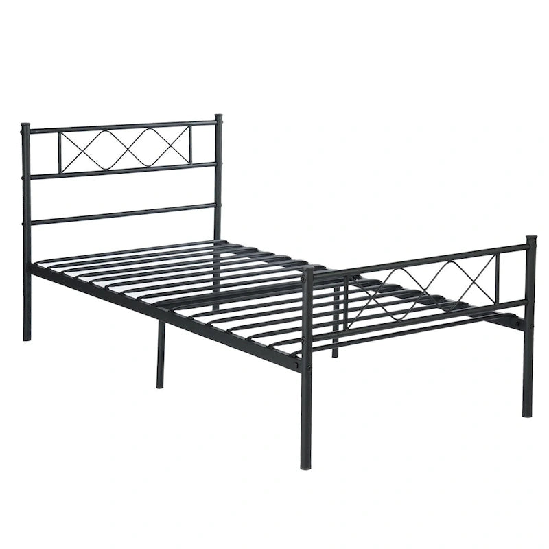 Cadre de lit en métal facile à assembler avec plateforme de matelas et tête de lit, rangement sous le lit, plusieurs coloris.