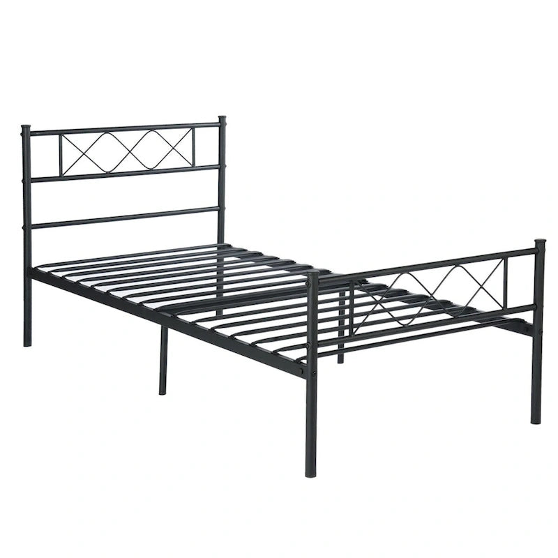 Cadre de lit en métal facile à assembler avec plateforme de matelas et tête de lit, rangement sous le lit, plusieurs coloris.