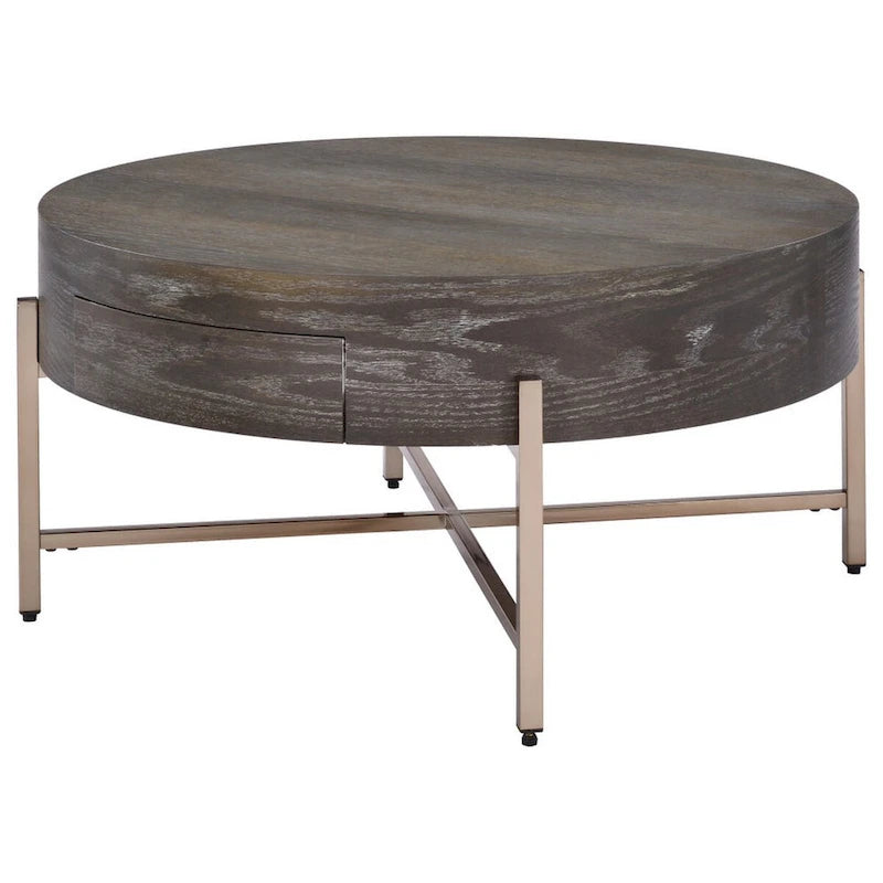 Table Basse Ronde Moderne 1 Tiroir avec Pieds Métalliques Croisés, Marron et Or - 40,6 H x 81,3 L x 81,3 P cm