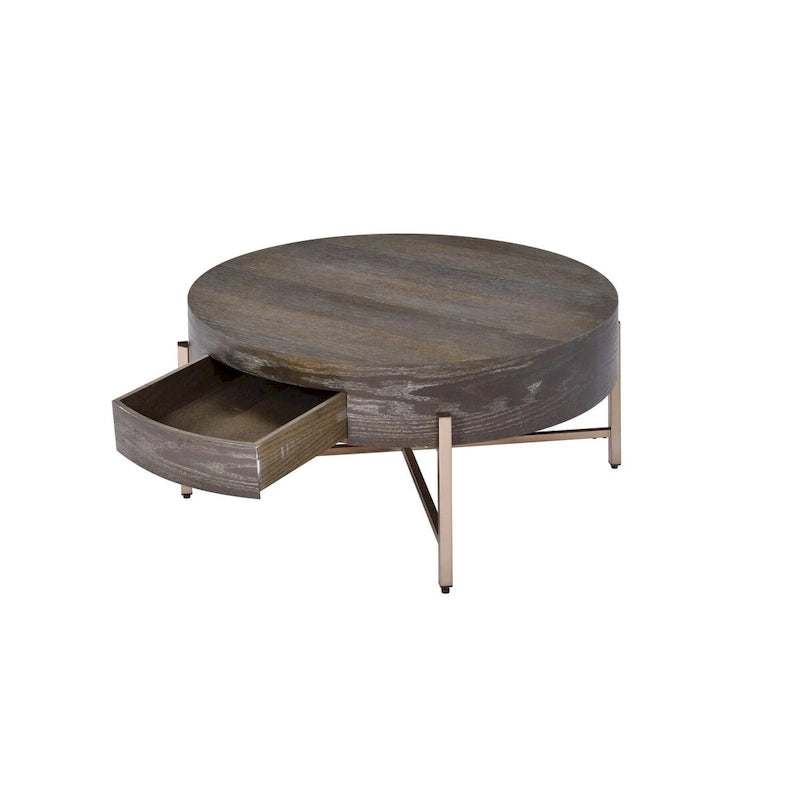 Table Basse Ronde Moderne 1 Tiroir avec Pieds Métalliques Croisés, Marron et Or - 40,6 H x 81,3 L x 81,3 P cm