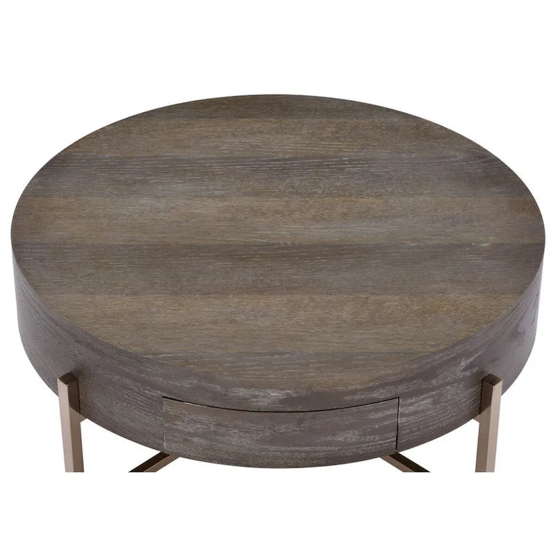 Table Basse Ronde Moderne 1 Tiroir avec Pieds Métalliques Croisés, Marron et Or - 40,6 H x 81,3 L x 81,3 P cm