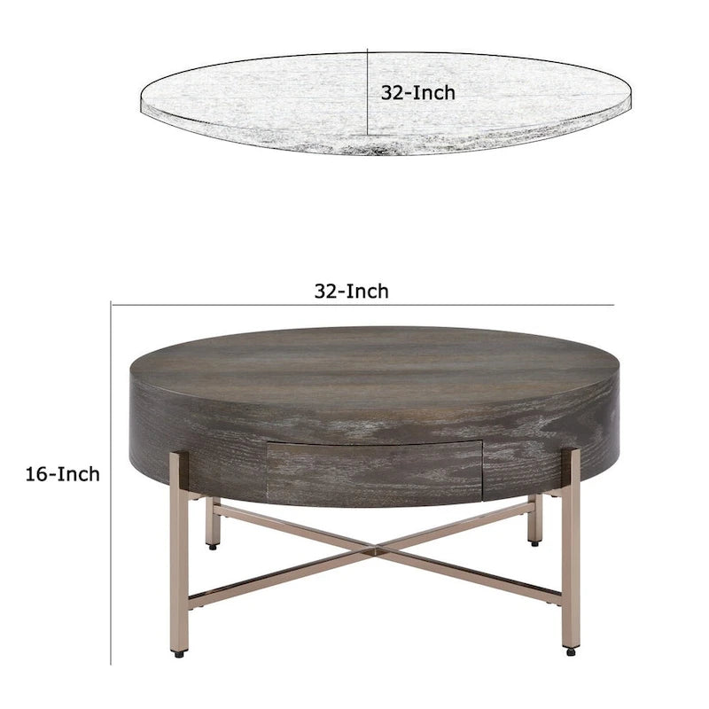 Table Basse Ronde Moderne 1 Tiroir avec Pieds Métalliques Croisés, Marron et Or - 40,6 H x 81,3 L x 81,3 P cm