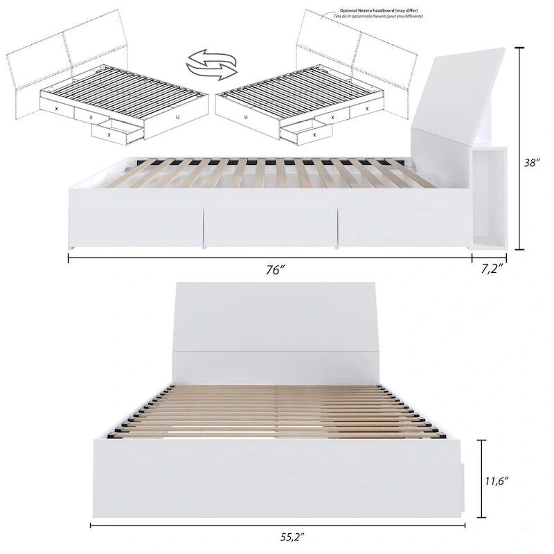 Lit coffre Nexera Paris avec tête de lit, blanc