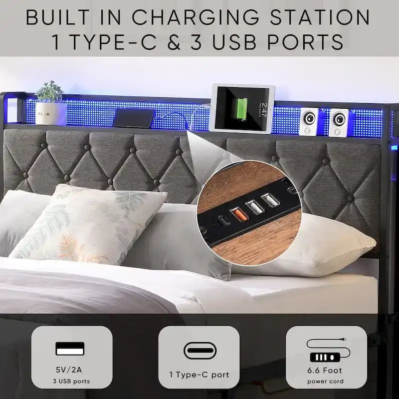 Cadre de lit avec tête de lit de rangement, station de recharge et lumières LED