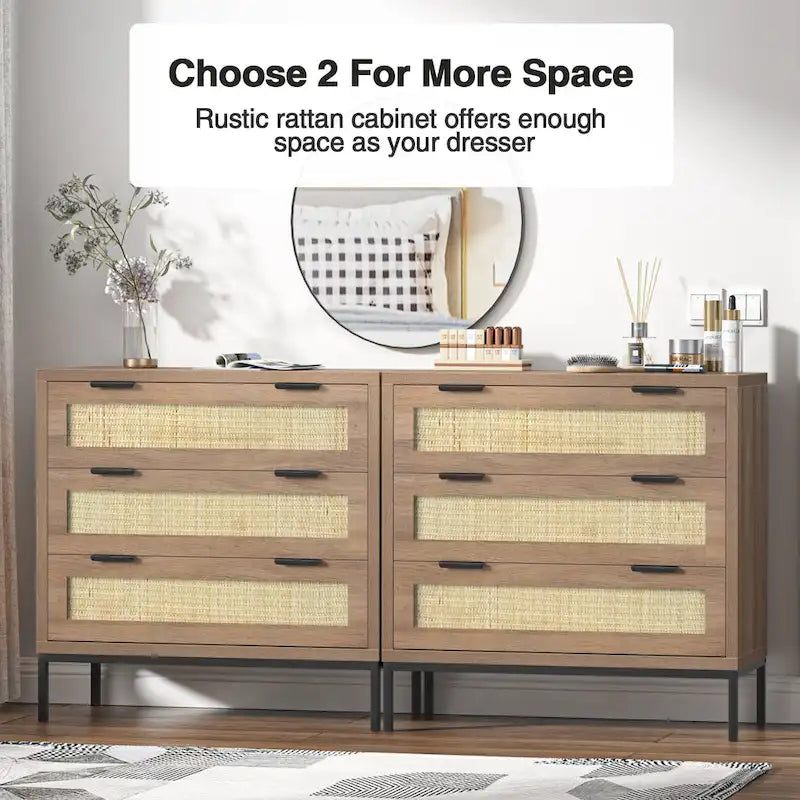 Commode moderne à 3 tiroirs Anmytek marron en rotin, meuble de rangement pour chambre à coucher