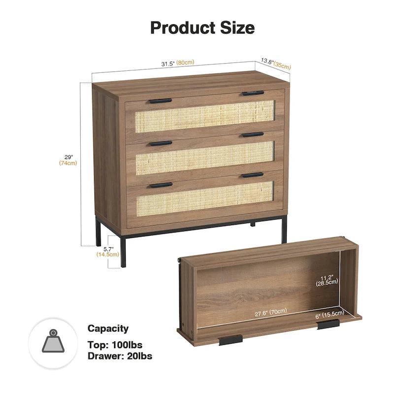 Commode moderne à 3 tiroirs Anmytek marron en rotin, meuble de rangement pour chambre à coucher