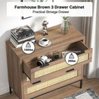 Commode moderne à 3 tiroirs Anmytek marron en rotin, meuble de rangement pour chambre à coucher