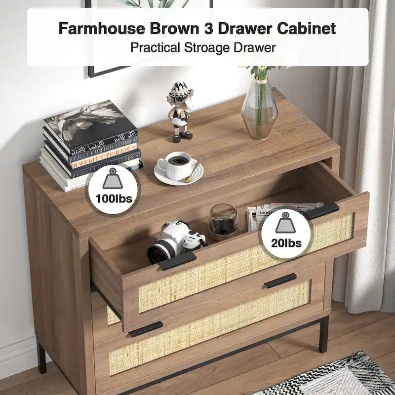 Commode moderne à 3 tiroirs Anmytek marron en rotin, meuble de rangement pour chambre à coucher