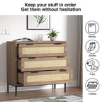 Commode moderne à 3 tiroirs Anmytek marron en rotin, meuble de rangement pour chambre à coucher