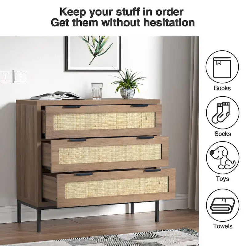 Commode moderne à 3 tiroirs Anmytek marron en rotin, meuble de rangement pour chambre à coucher