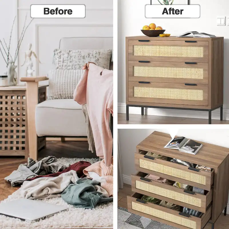 Commode moderne à 3 tiroirs Anmytek marron en rotin, meuble de rangement pour chambre à coucher