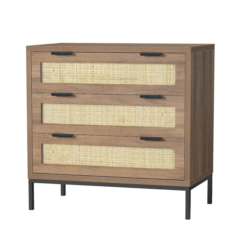 Commode moderne à 3 tiroirs Anmytek marron en rotin, meuble de rangement pour chambre à coucher