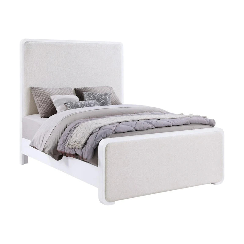 Lit à panneau blanc perle et beige avec pied de support