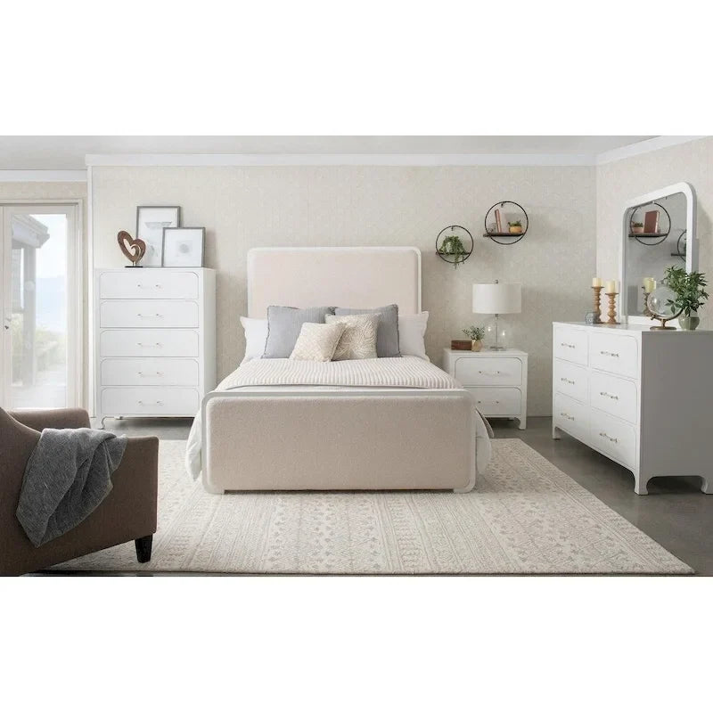 Lit à panneau blanc perle et beige avec pied de support