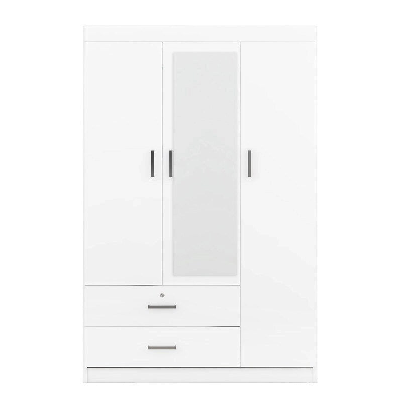 Armoire penderie 3 portes avec miroirs, étagères et 2 tiroirs