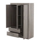 Armoire penderie 3 portes avec miroirs, étagères et 2 tiroirs