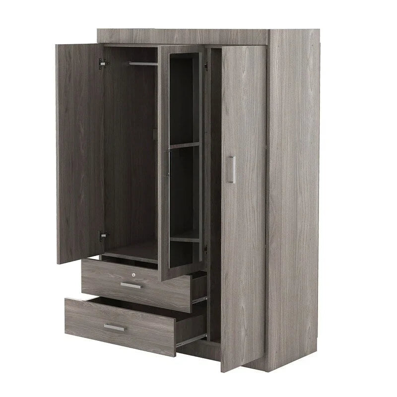 Armoire penderie 3 portes avec miroirs, étagères et 2 tiroirs