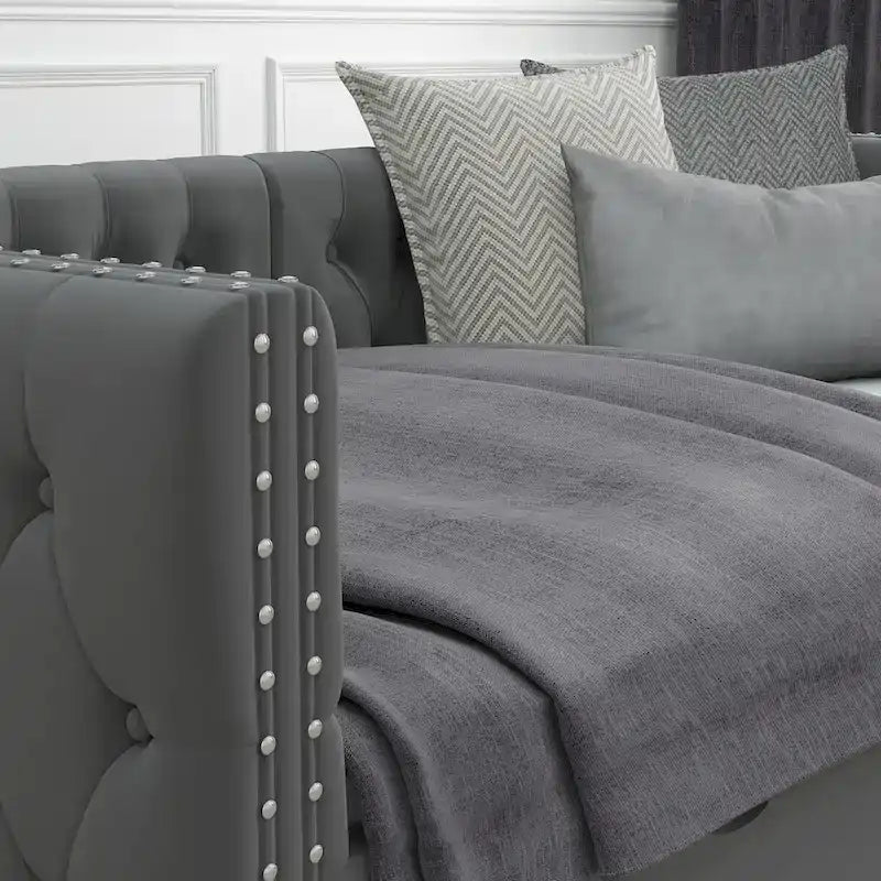 Lit de repos double avec tiroirs, rembourré et capitonné