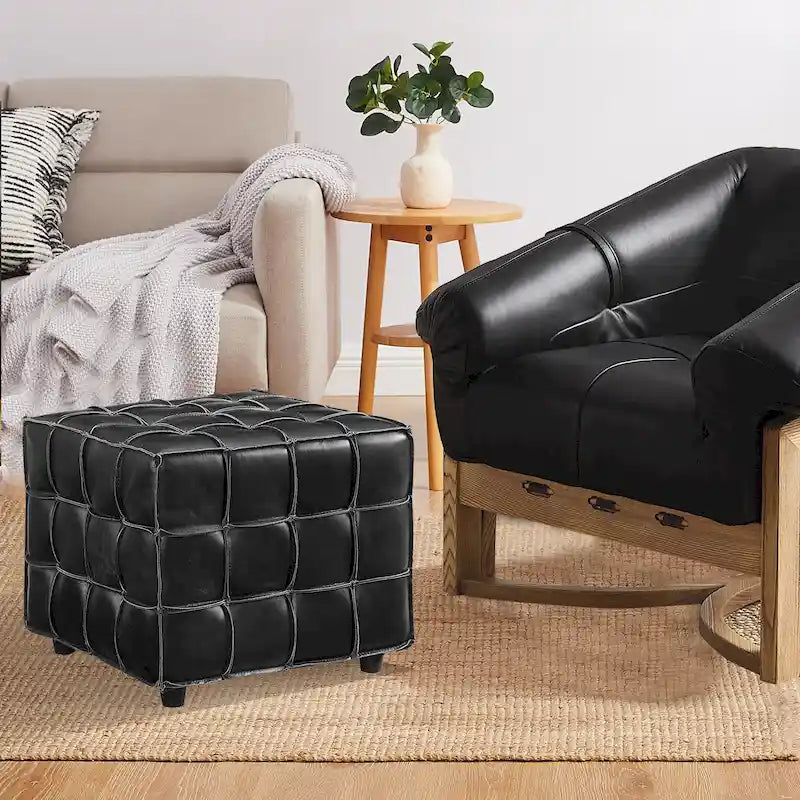 Pouf carré ottoman en cuir pleine fleur