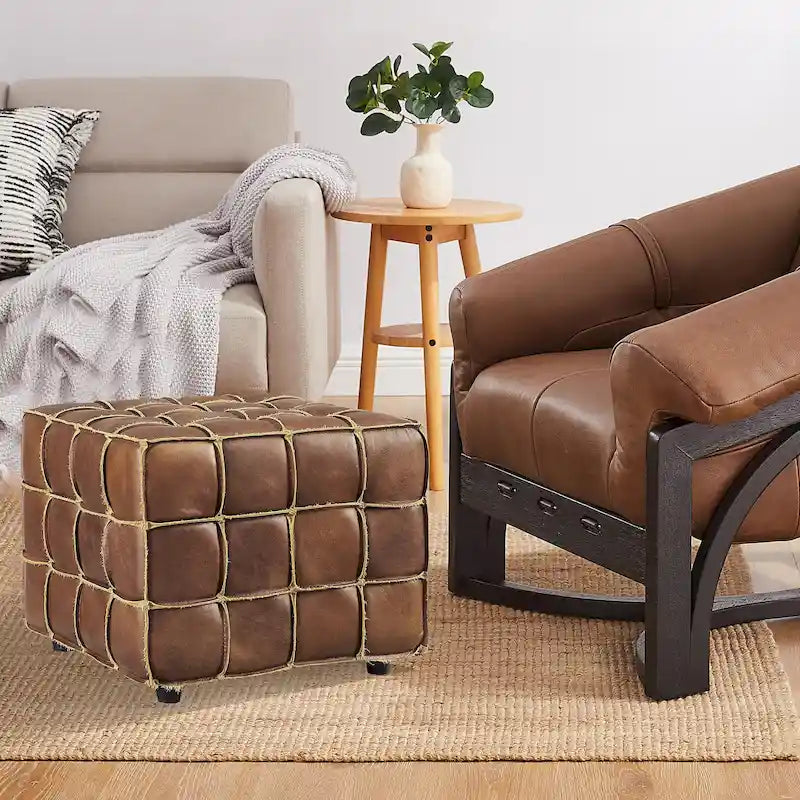 Pouf carré ottoman en cuir pleine fleur