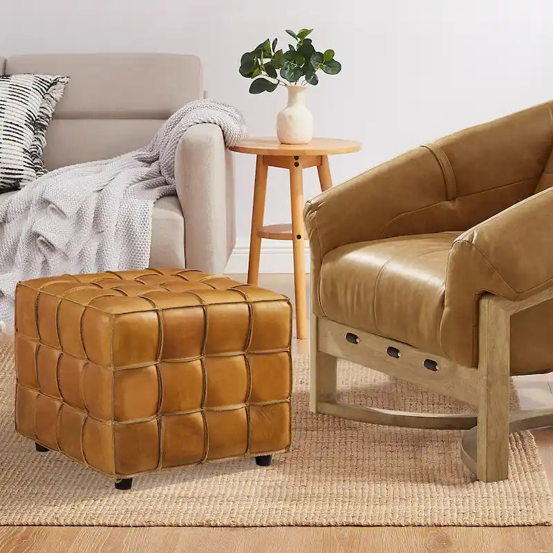 Pouf carré ottoman en cuir pleine fleur