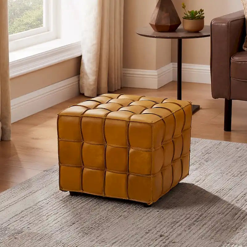  Top Grain Leather Square Pouf Ottoman