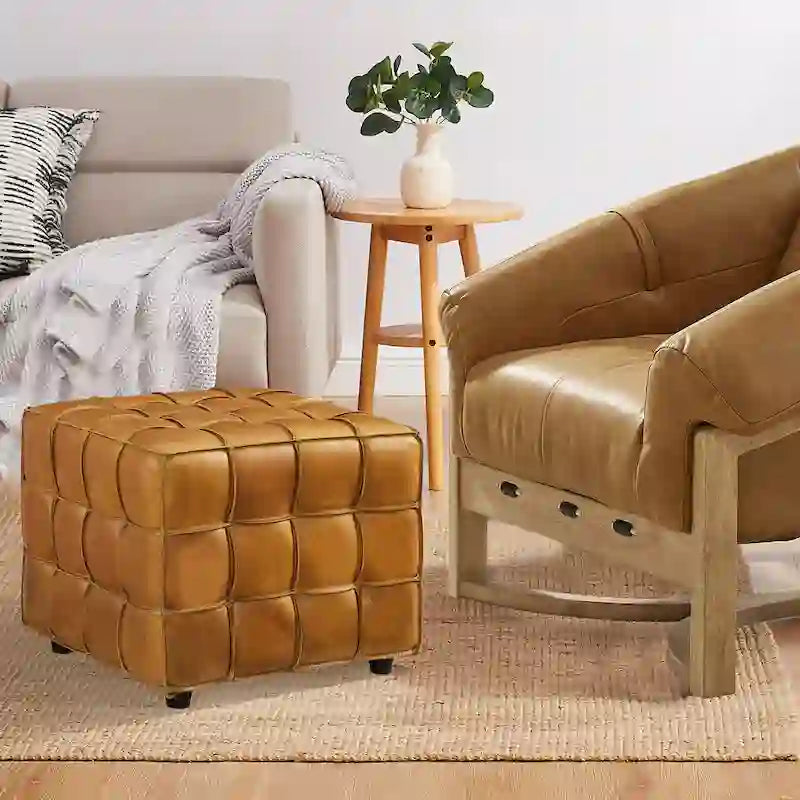 Pouf carré ottoman en cuir pleine fleur