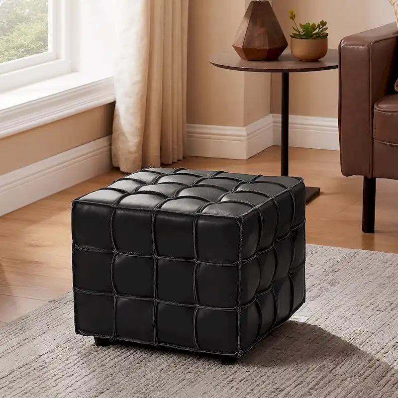 Pouf carré ottoman en cuir pleine fleur