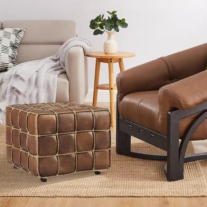 Pouf carré ottoman en cuir pleine fleur