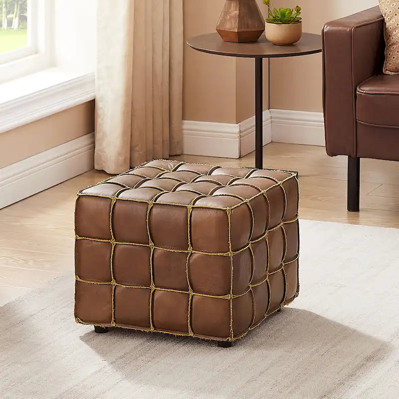 Pouf carré ottoman en cuir pleine fleur