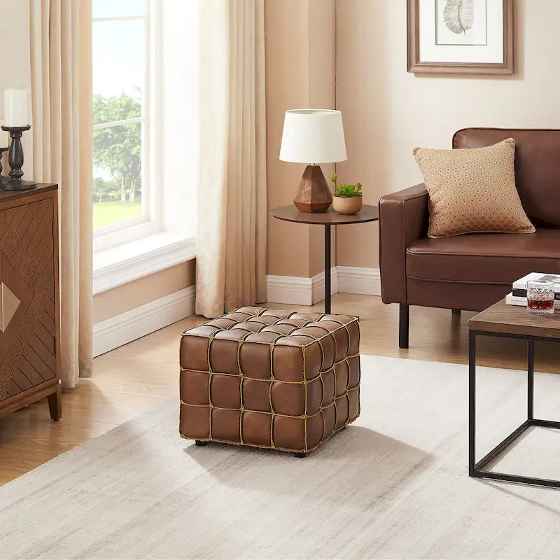 Pouf carré ottoman en cuir pleine fleur