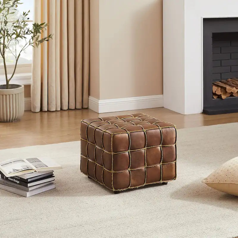 Pouf carré ottoman en cuir pleine fleur