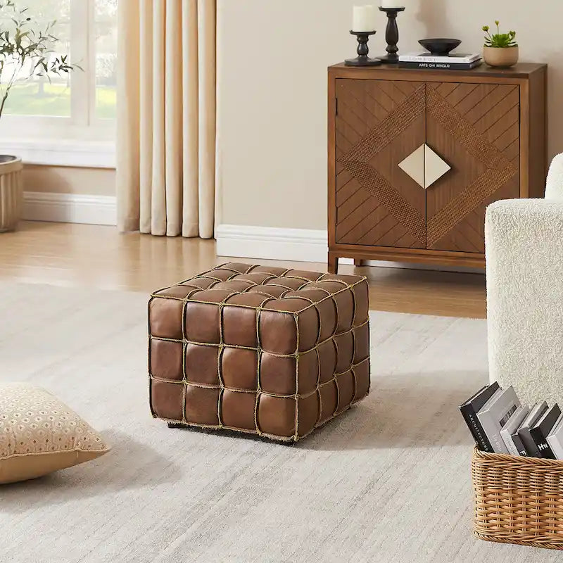 Pouf carré ottoman en cuir pleine fleur